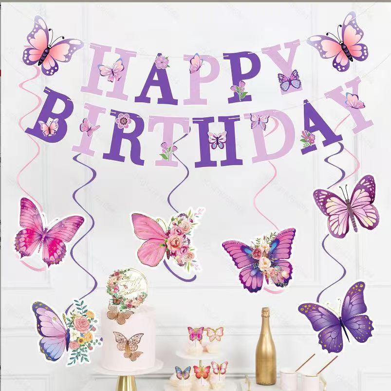 Butterfly Theme Party Decorations, Birthday Paper Flags with Rotating Banner, Indoor Outdoor Celebration, Perfect Gift