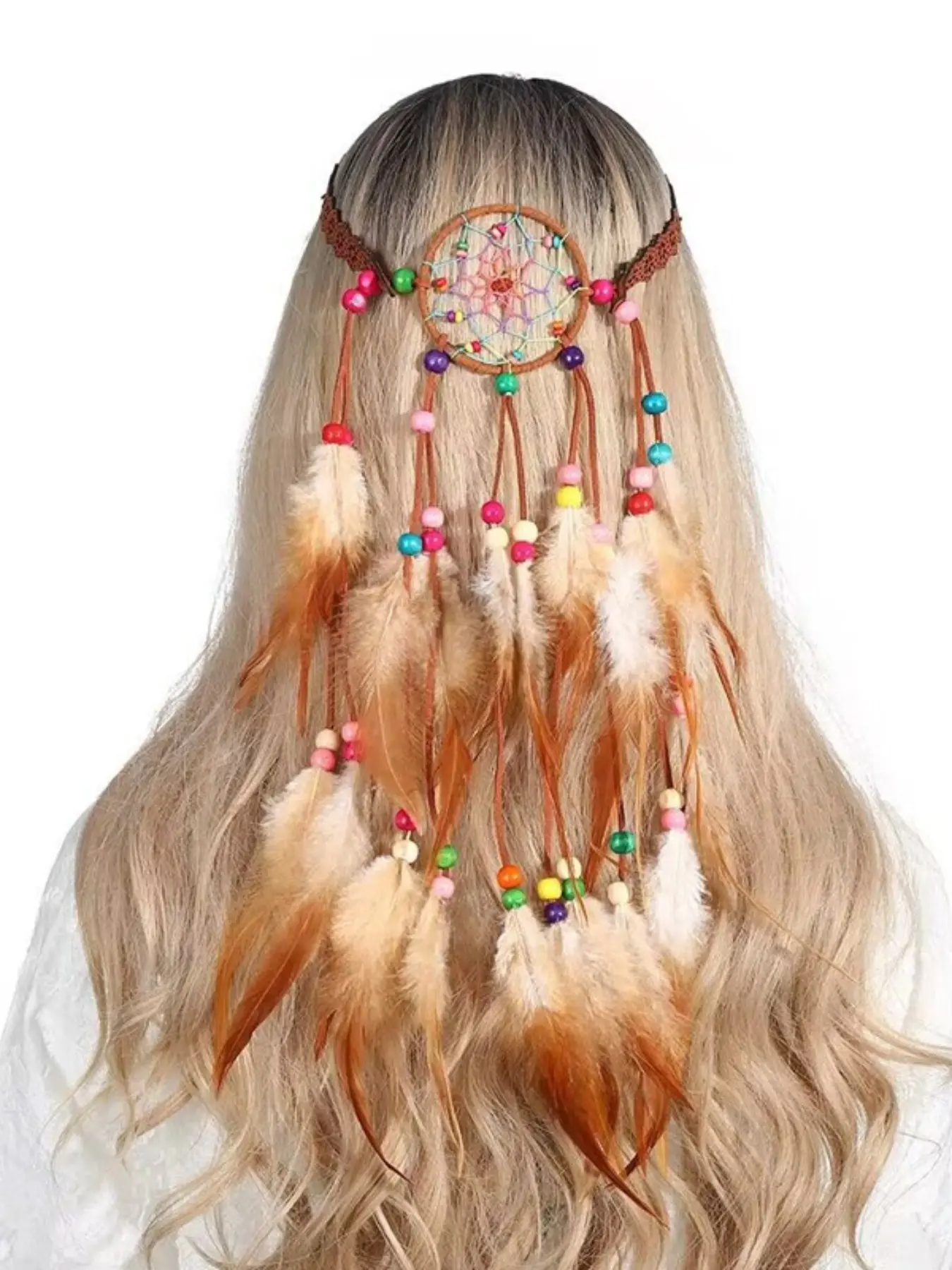Boho Feather Headband, Indian Gypsy Hair Accessory, Feathers, Adjustable Beaded Rope, Women and Girls Hippie Style, Festivals