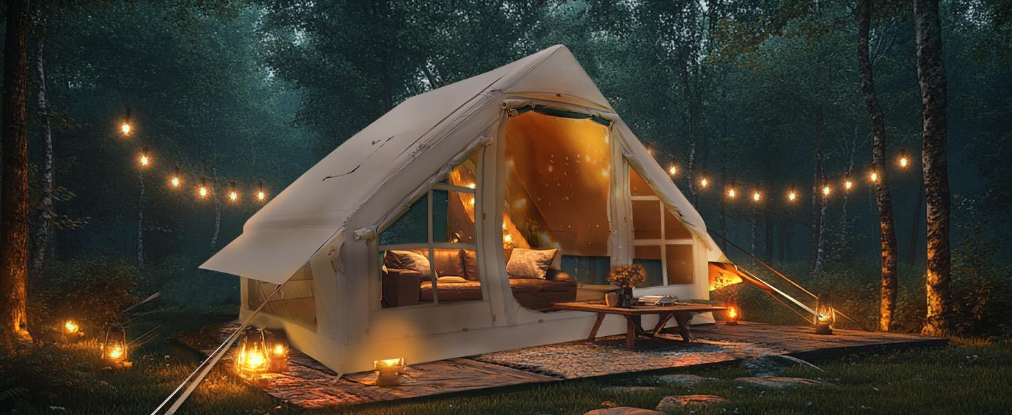 Lilypelle Inflatable Tents for Camping, Blow Up Tent with Hand Pump, Easy Setup Inflatable Hot Tent with Stove Jack, Waterproof Oxford Air Glamping Tents for Camping Adult 4-6 Person
