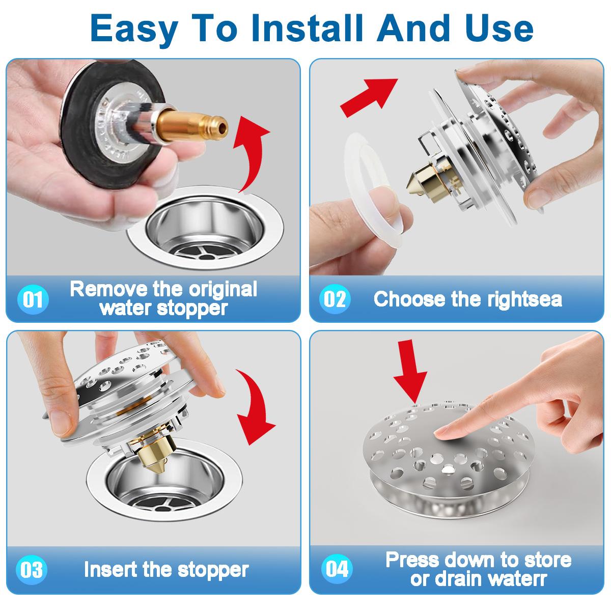 Universal Bathtub Drain Plug & Stopper - Easy Installation, Replaces Bare Drains, Tip-Toe, Lift & Turn,  for 1-3/8 to 2in Bath Drain Hole, Designed for Do-It-Yourself
