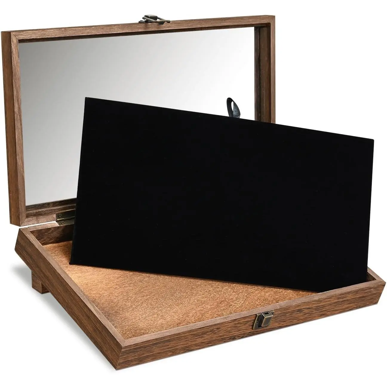 Wooden Jewelry Display Case with Tempered Glass Top, Velvet Pad | Brown wood display case with tempered-glass top, removable black velvet pad, and 20 pins for jewelry and collectibles.