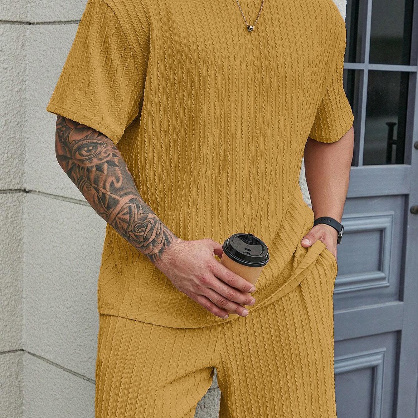 KZZ Men's Premium 2-Piece Plain Casual Shorts Set - Solid Textured Drop Shoulder Round Neck Tee & Drawstring Shorts, Relaxed Loose Fit, Machine Washable, Fashion Spring Summer Menswear, Christmas Gifts for Him