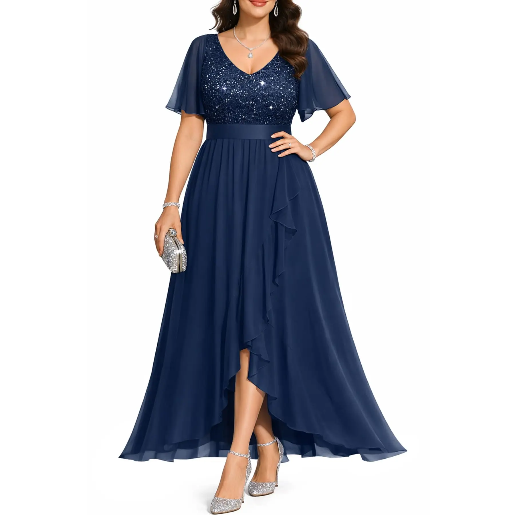 PINUP FASHION Women's Plus Size Pinup Formal Dress - Formal Wear, Empire Waist, V-Neck, Ruffled Skirt, Lace & Sequin Chiffon Long Dress with Slit for Evening Wedding Guest, Cocktail Events, Lace Fabric