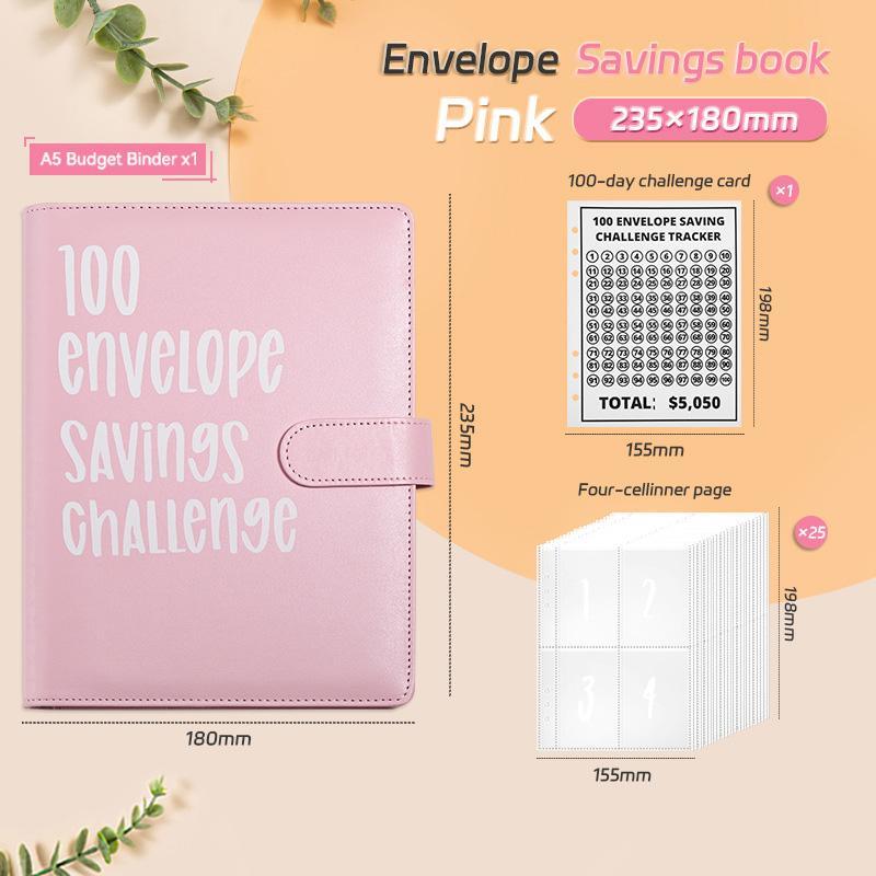 A5 Budget Binder Book with 100 Envelope Savings Tracker, Numbered Cash Envelopes for 100-Days $5,050 Saving Challenge, Pink Office Stationery Financial Organizer
