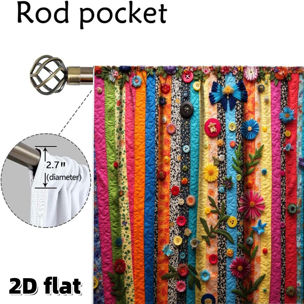 2D Flat 2Pcs Quilted Patchwork Curtains, Multicolored Stripe Design with Button Flower Decorations, Rod Pocket Style, Polyester Fabric, Boho Chic Home Decor, Semi Sunshade, Suitable for Living Room Bedroom Window, Handcrafted Bohemian.