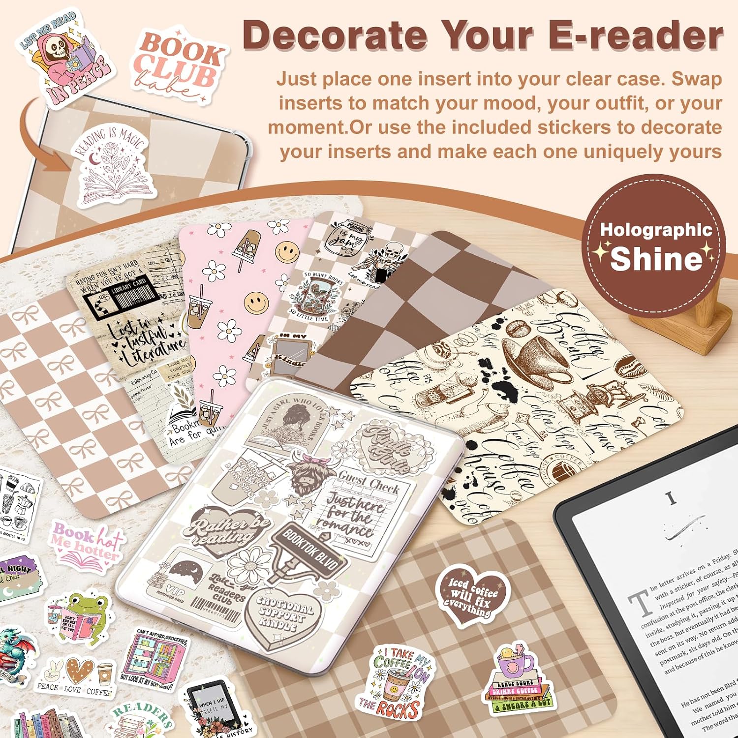 14 count Inserts Cardstock for Kindle Paperwhite 11-12th and Kindle Colorsoft Signature Edition,50PCS Stickers & E-reader Inserts For Kindle Paperwhite Accessories For Kindle Clear Case 6.9"x4.8", Coffee