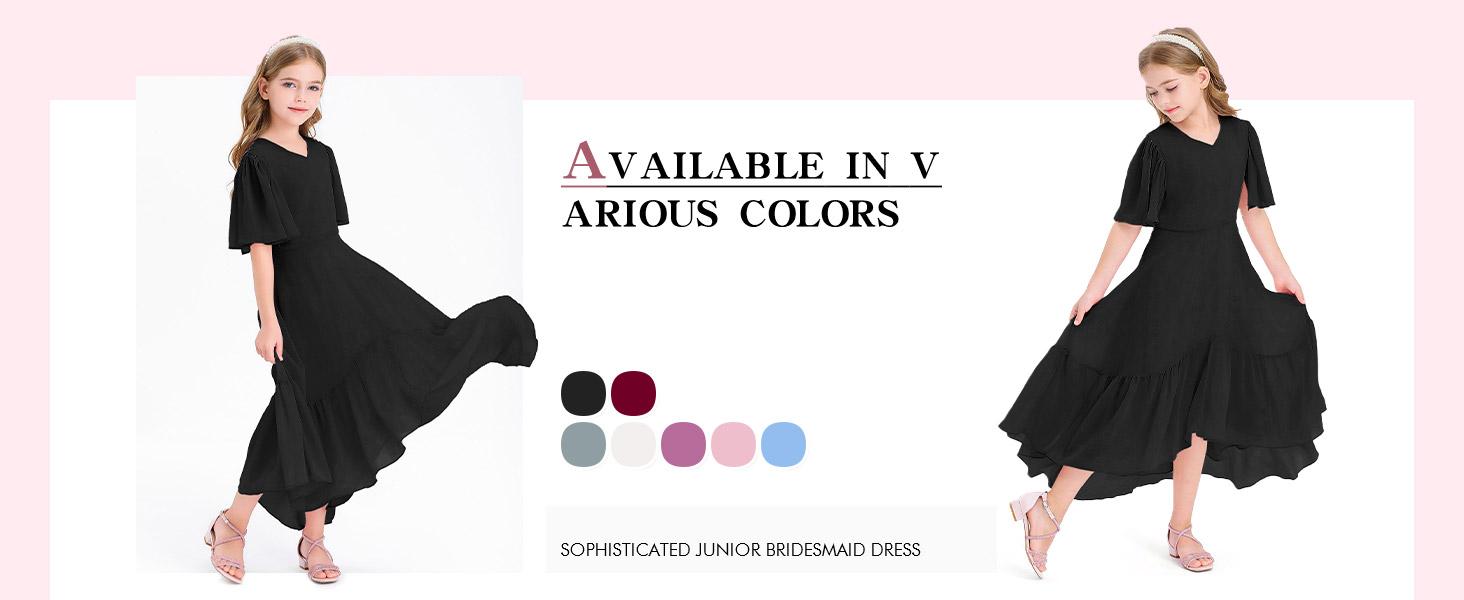 Haloumoning Girls Ruffle Dresses Short Sleeve Junior Bridesmaid Party Dress | Casual, A Line, V Neck, Flowy, High Low, Formal, Maxi Long Dress for Girls