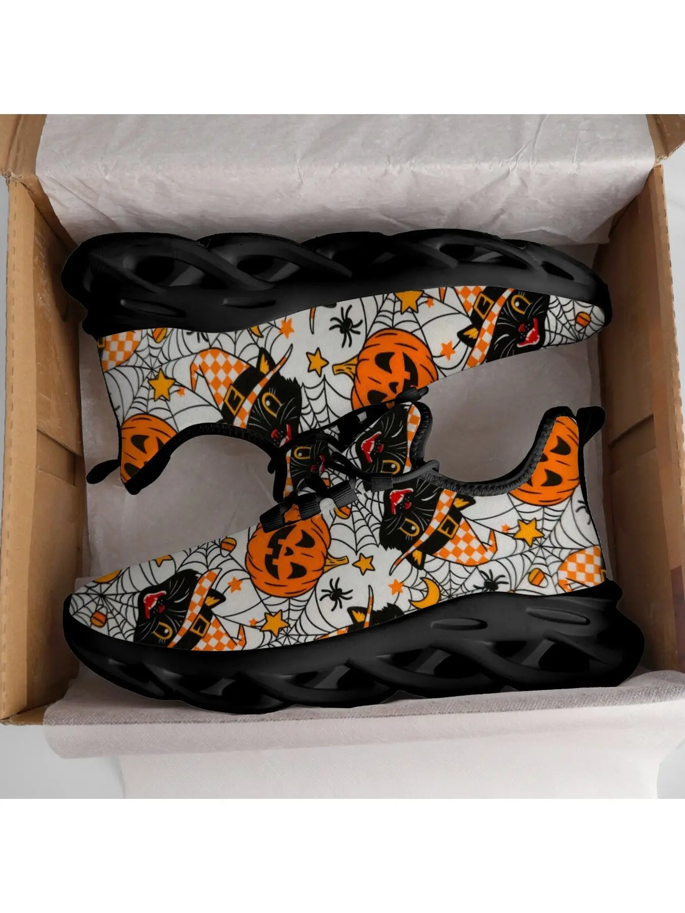 Vintage Halloween Themed All Over Print Chunky Adult Man Woman Sneakers, Breathable Lightweight Mesh Lace Up Footwear, Scary Pumpkin Kitten Spiderweb Pattern Daily Party Sports Shoes
