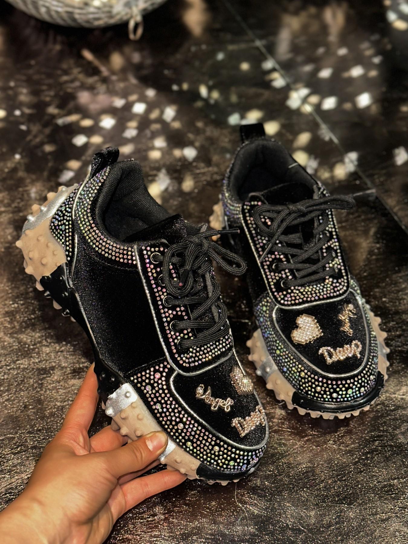 Women's Rhinestone Chunky Sole Dad Shoes, Y2K Style Sparkling Heart Decorations, All Season Fashion Sneakers