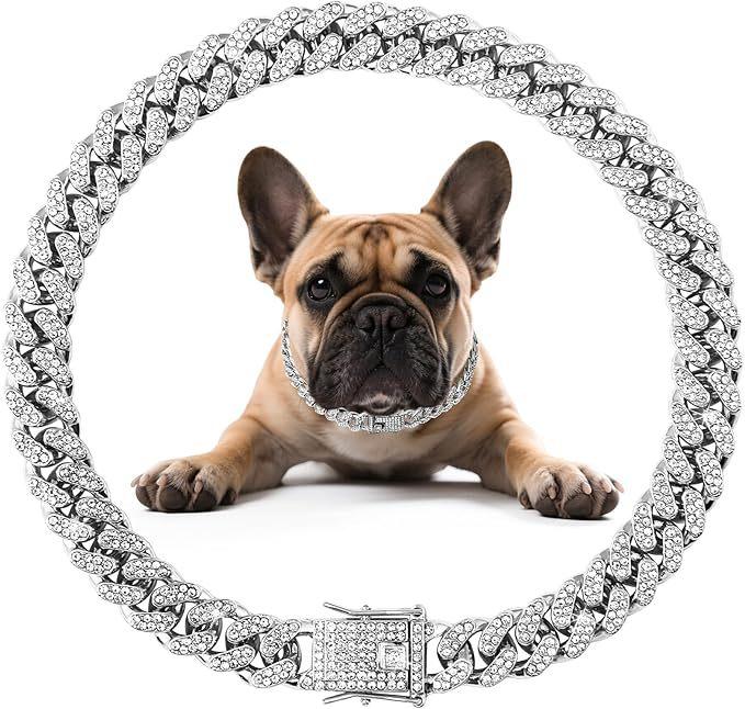 Silver Chain Collars for Large Dogs with Diamond ,Sparkly Bling Metal Cuban Link Dog Collars, Rhinestone Glitter  Necklace for Large Pet Dogs 24 inch
