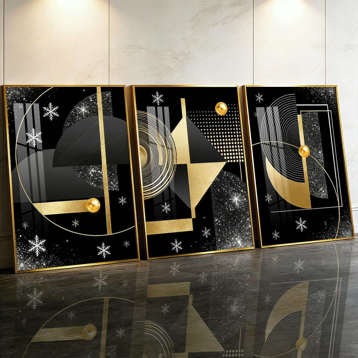 3 Counts Aluminum Alloy Framed Painting, Geometric Gold And Black Abstract Art Pictures, Home Decoration For Living Room, Bedroom, Office, Restaurant, Hallway Wall Decor, Odorless Print Artwork, Luxury Perfect Gift For Friends And Family