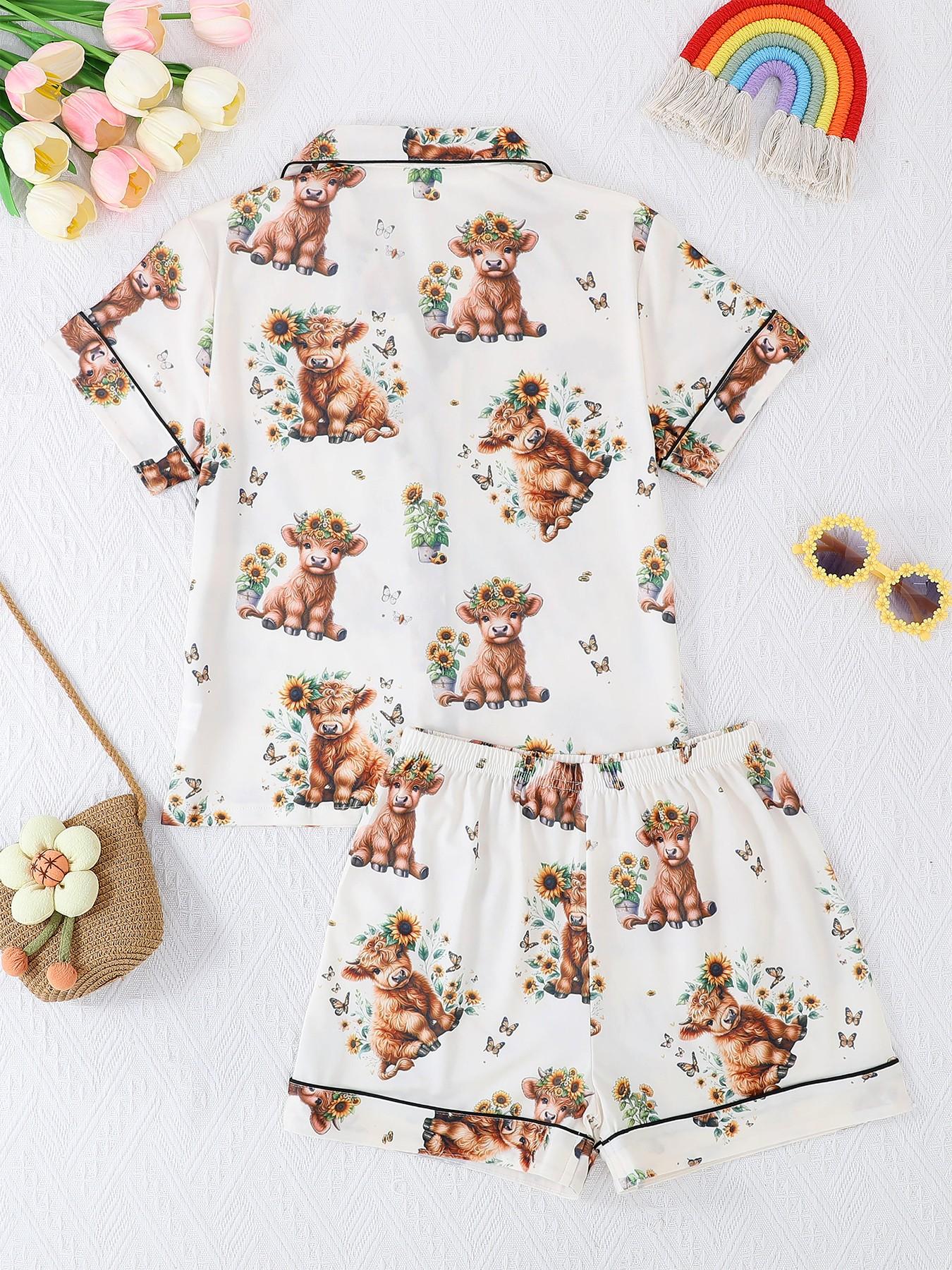 2-Piece Kids' Fire-Resistant Pajama Set, Short Sleeve Button Front, Cartoon Pattern, All Seasons, Casual Loose-Fit, Boys & Girls