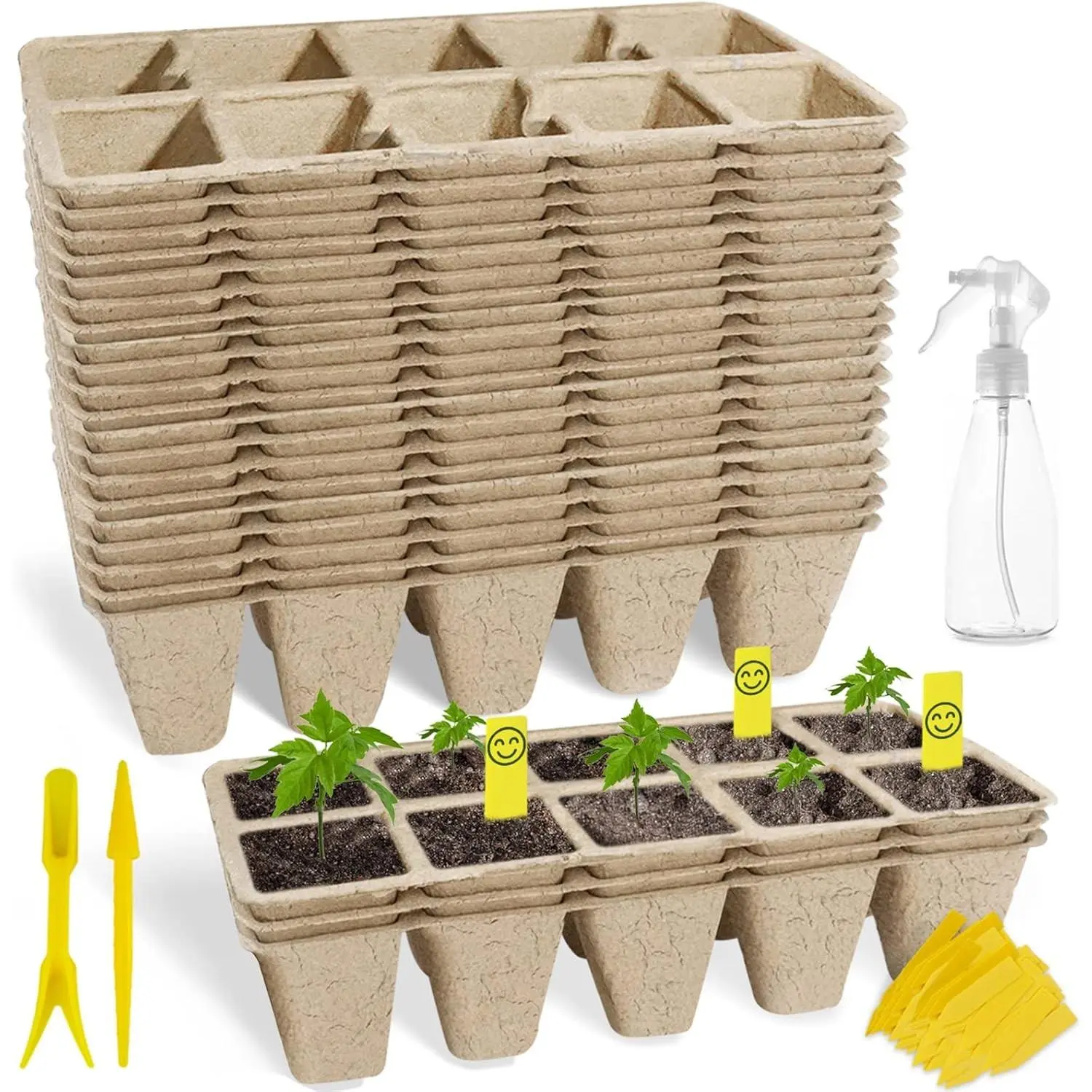 200 Cells Seed Starter Tray, 20 Pack Biodegradable Seed Starter Kit, Peat Pots for Seedlings with 200 Plant Labels, 2 Seed Planting Tool and 1 Spray Bottle