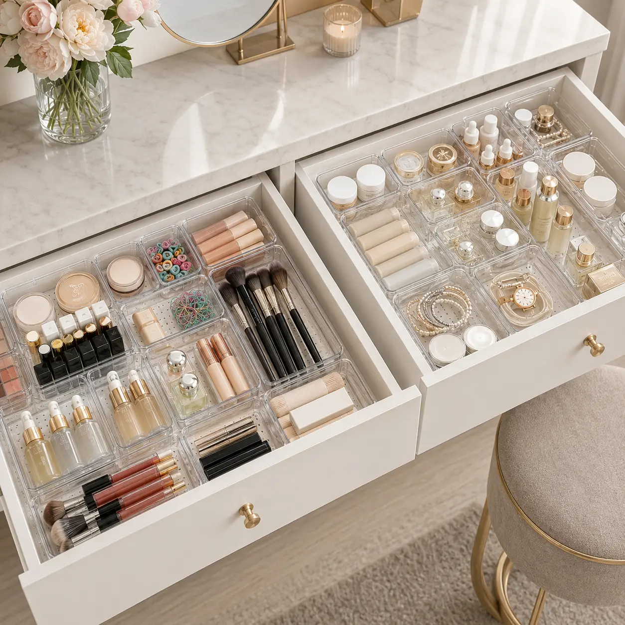 Declutter Drawers Fast with 8/25 PCS Clear Plastic Drawer Organizers,4 Sizes Stackable Storage Trays for Easy Sorting,Keep Makeup,Jewelry,Kitchen Gadgets,Bathroom Essentials,Office Supplies and Bedroom Accessories Neat,Visible and Easy to Reach Every Day