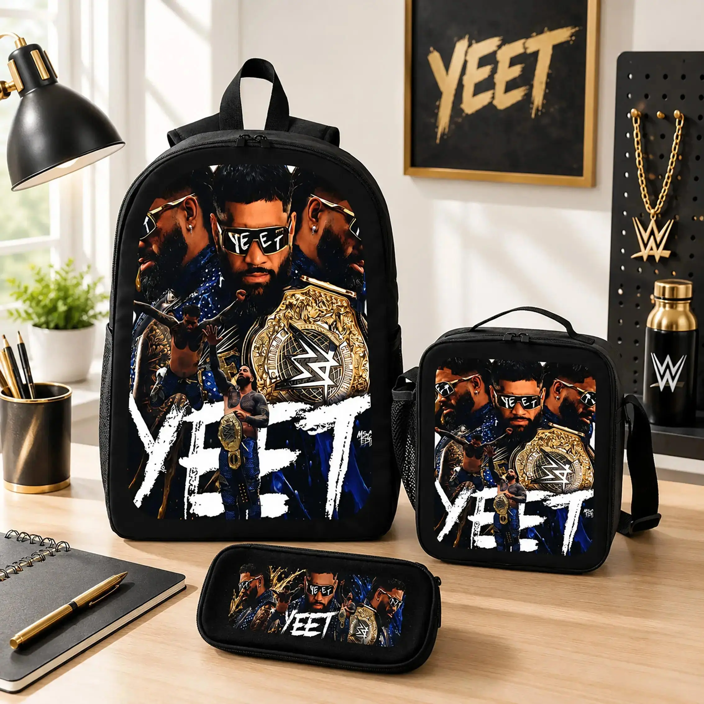 YEET 3-Piece Polyester Backpack Set - Casual School/Travel Bookbag with A4 Size Fit, Bold Prints, Multiple Pockets, Lunch Bag, Pencil Case - Lightweight Durable Wrestling Merch Fan Gift for Kids