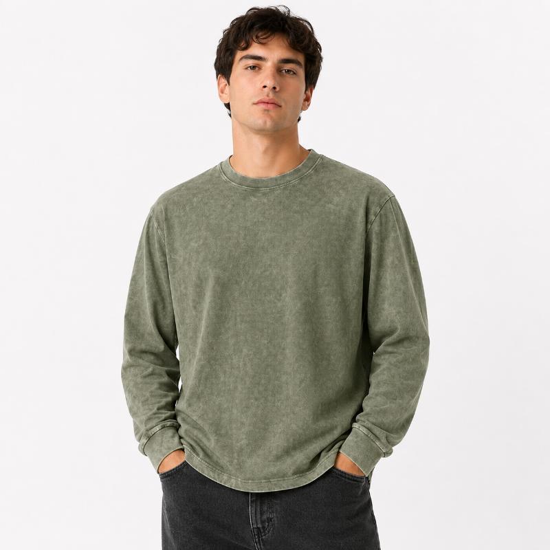 Men's Long Sleeve Crew Neck T Shirts 1/4 Pack, Vintage Washed Casual Tops, Pure Cotton Basic Shirts, Distressed Retro Style Tees, Loose Fit Pullover Clothing, Daily Wear Essential, Streetwear Inspired Fashion Outfit