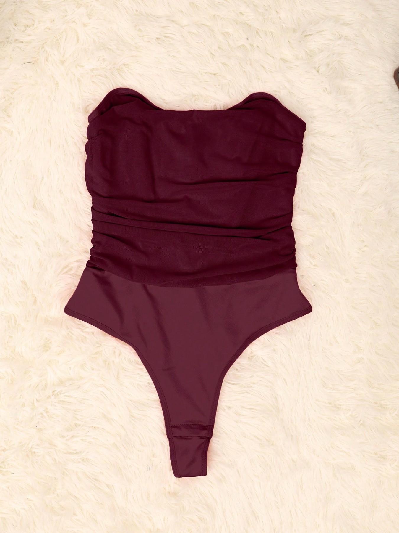 Women's Ruched Corset Bodysuit Sexy Mesh Semi-sheer, Heart Neck High Waist Tummy-Control Cheeky Strapless Bodysuit, Clubwear Party Night Out Top, A little See Through, Runs Small