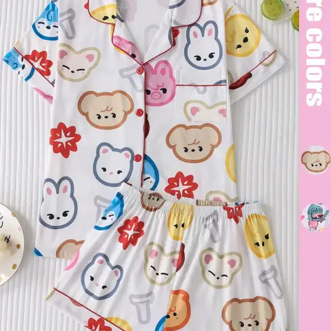 Women's Cartoon Print Short Sleeve Top & Shorts Pyjama, Casual Comfy Top & Shorts Set, Ladies Sleepwear for All Seasons, Loungewear, Pajama Set, Sets Pajama