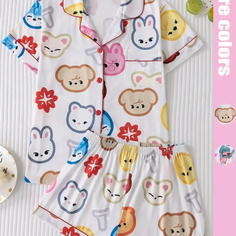 Women's Cartoon Print Short Sleeve Top & Shorts Pyjama, Casual Comfy Top & Shorts Set, Ladies Sleepwear for All Seasons, Loungewear, Pajama Set, Sets Pajama