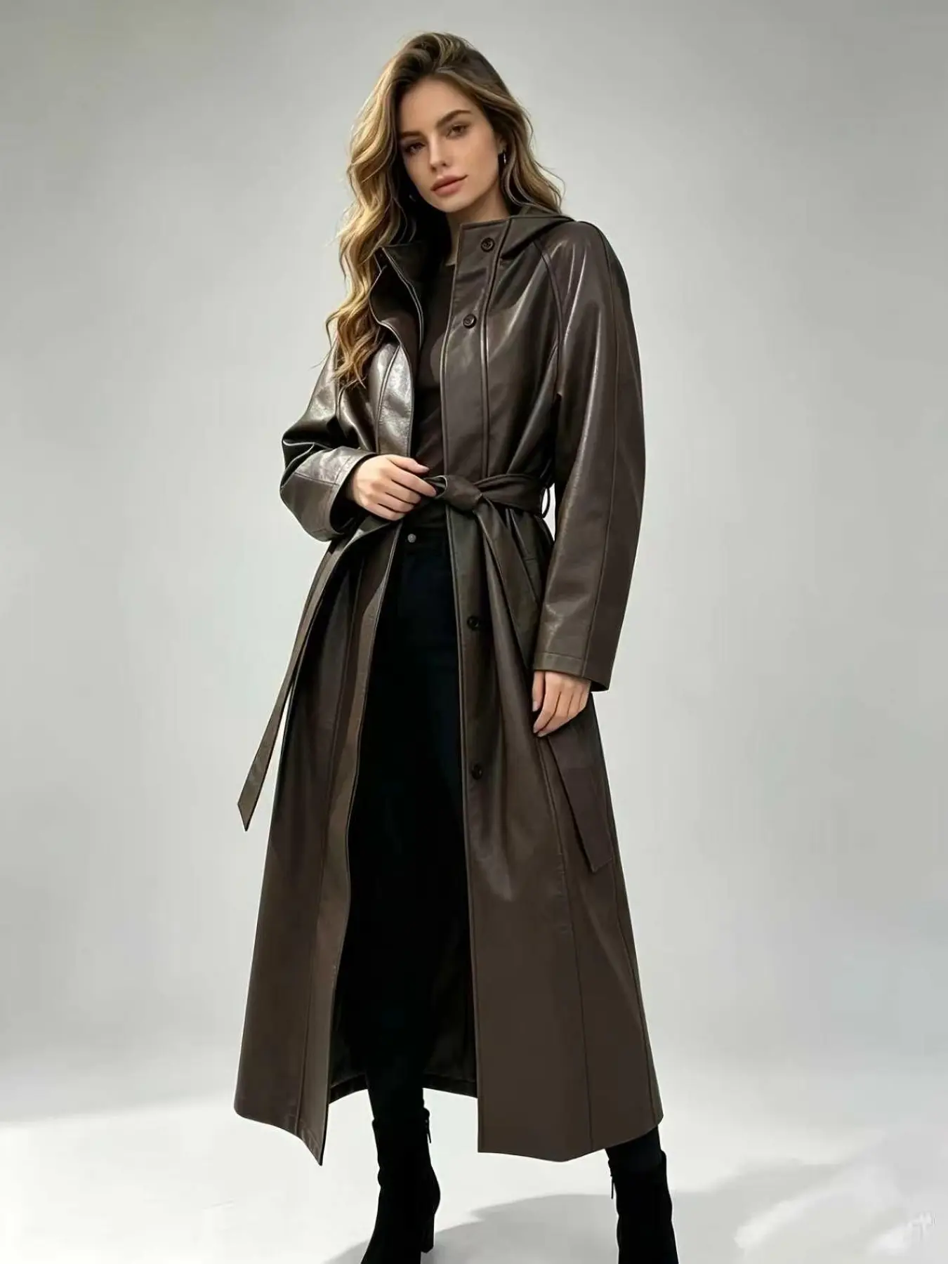 Women's High Neck Faux-Leather Long Coat, Belted Loose Fit Long Sleeve Windbreaker, Fall & Winter Streetwear Women's High Neck Faux-Leather Long Coat, Belted Loose Fit Long Sleeve Windbreaker, Fall & Winter Streetwear