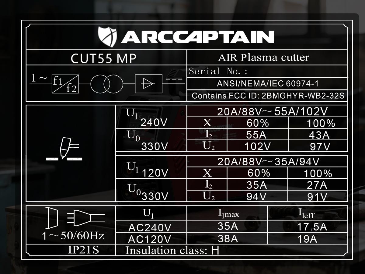 ARCCAPTAIN iControl [Non-HF] Plasma Cutter CUT55 MP with APP Control, 55Amp Blowback Pilot Arc, 120V/240V, Upgraded LED Display, Grid Cutting, Rust Removal, Plasma Gouging, Pressure Detection
