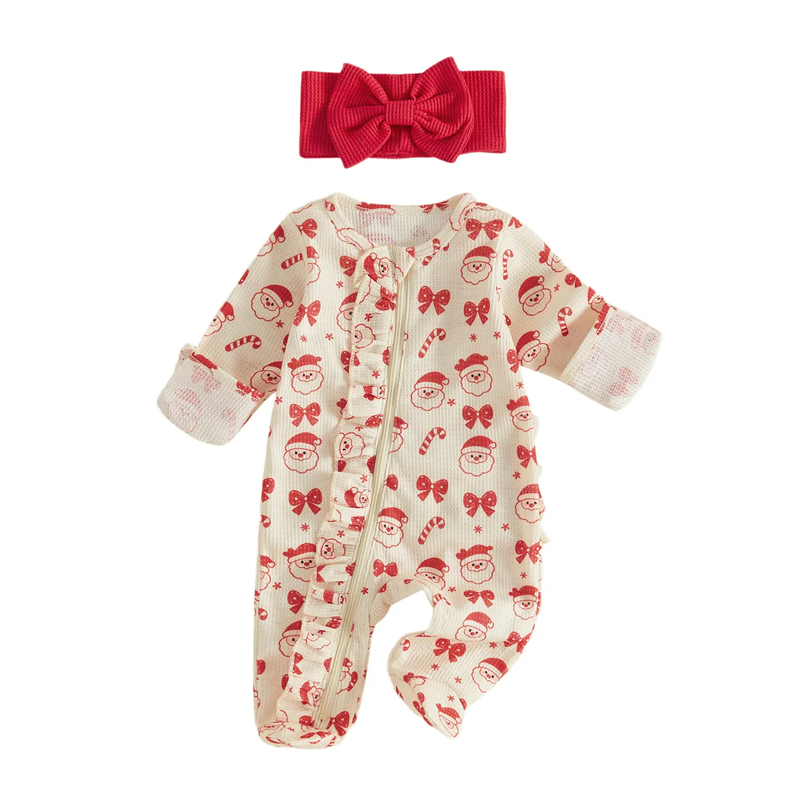 REDWOON Newborn Baby Girl Christmas Footed Romper Waffle Knit Zipper Jumpsuit Santa Candy Cane Print Ruffle Footie Onesie with Headband Outfit Set