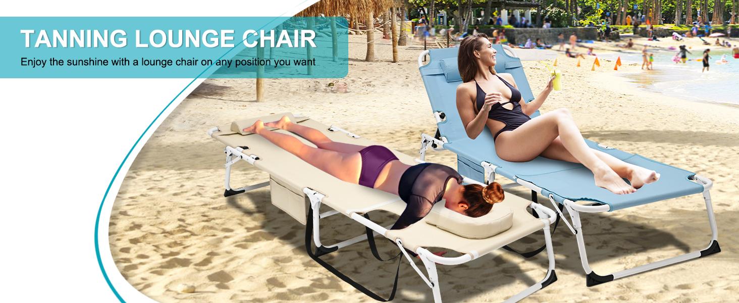 SLSY Oversized Face Down Tanning Chair with Face Arm Hole, Adjustable 5-Position Folding Lounge Chair with 2 Sided Cushion & Pillow, Folding Beach Chair, Folding Camping Cot Bed