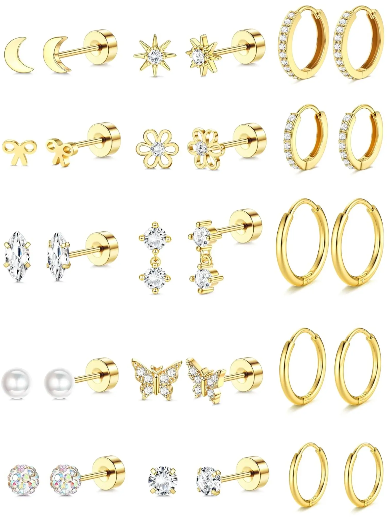 【Black Friday】15 Pairs 316L Stainless Steel Flatback Earrings for Women Girls 14K Gold Plated Surgery Earrings Cute Earrings Earrings Set Small Huggie Hoops Earrings Stack Trend Jewelry Earring Stacking Set