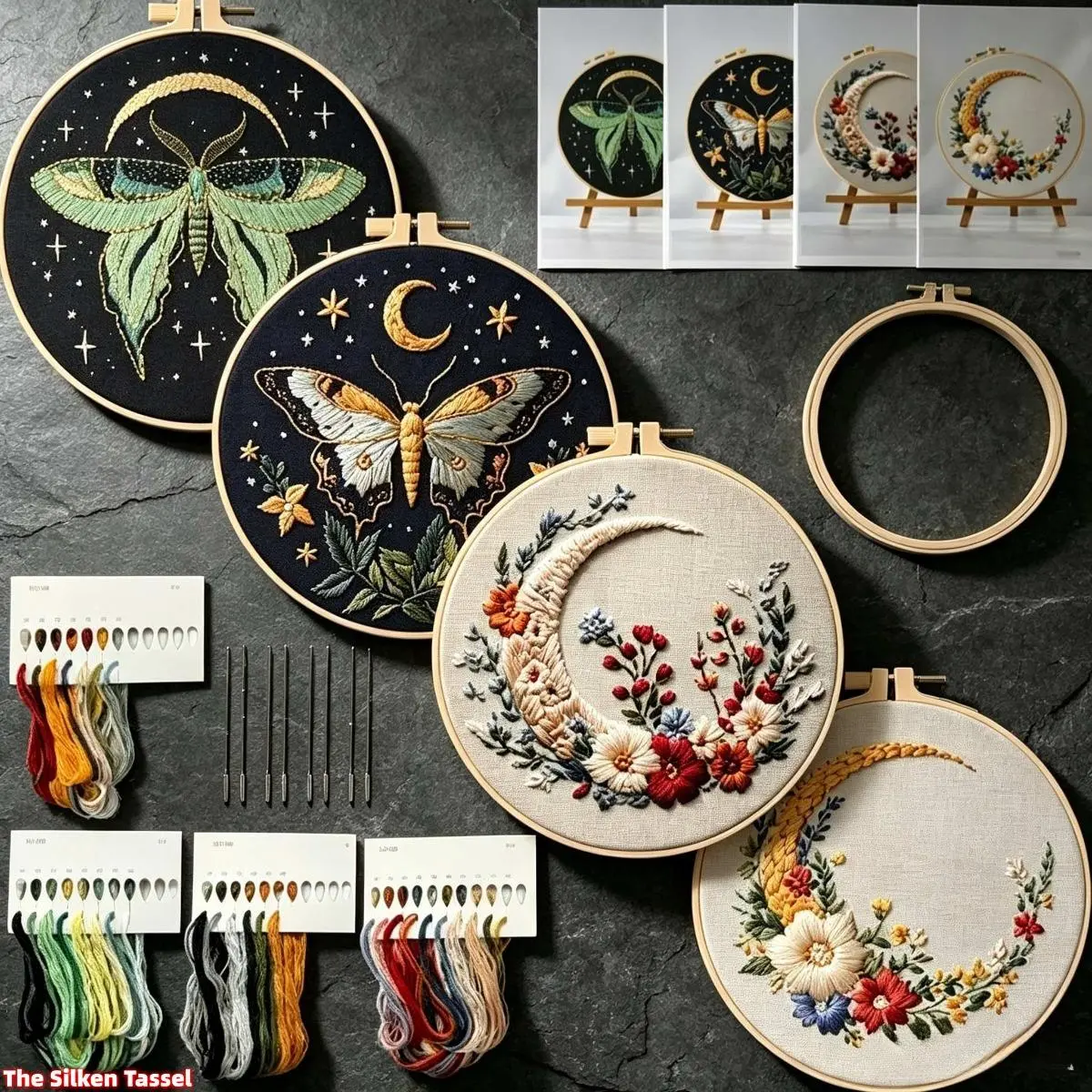 This DIY bag and accessory embroidery set is perfect for beginners. It includes an elegant butterfly and moon cross-stitch pattern, printed cotton fabric, embroidery thread, and an embroidery hoop. The set features embroidery patterns, DIY sewing, bag and