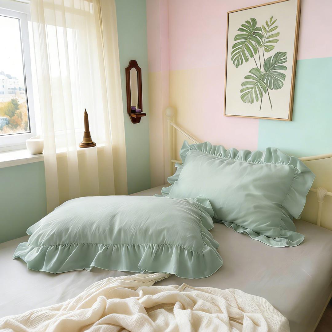 2Pcs French Ruffle Throw Pillowcases, Solid Color Gentle Design, Skin-friendly Breathable and Comfortable, Suitable for Bedroom, Dorm and Home Decoration Daily Use