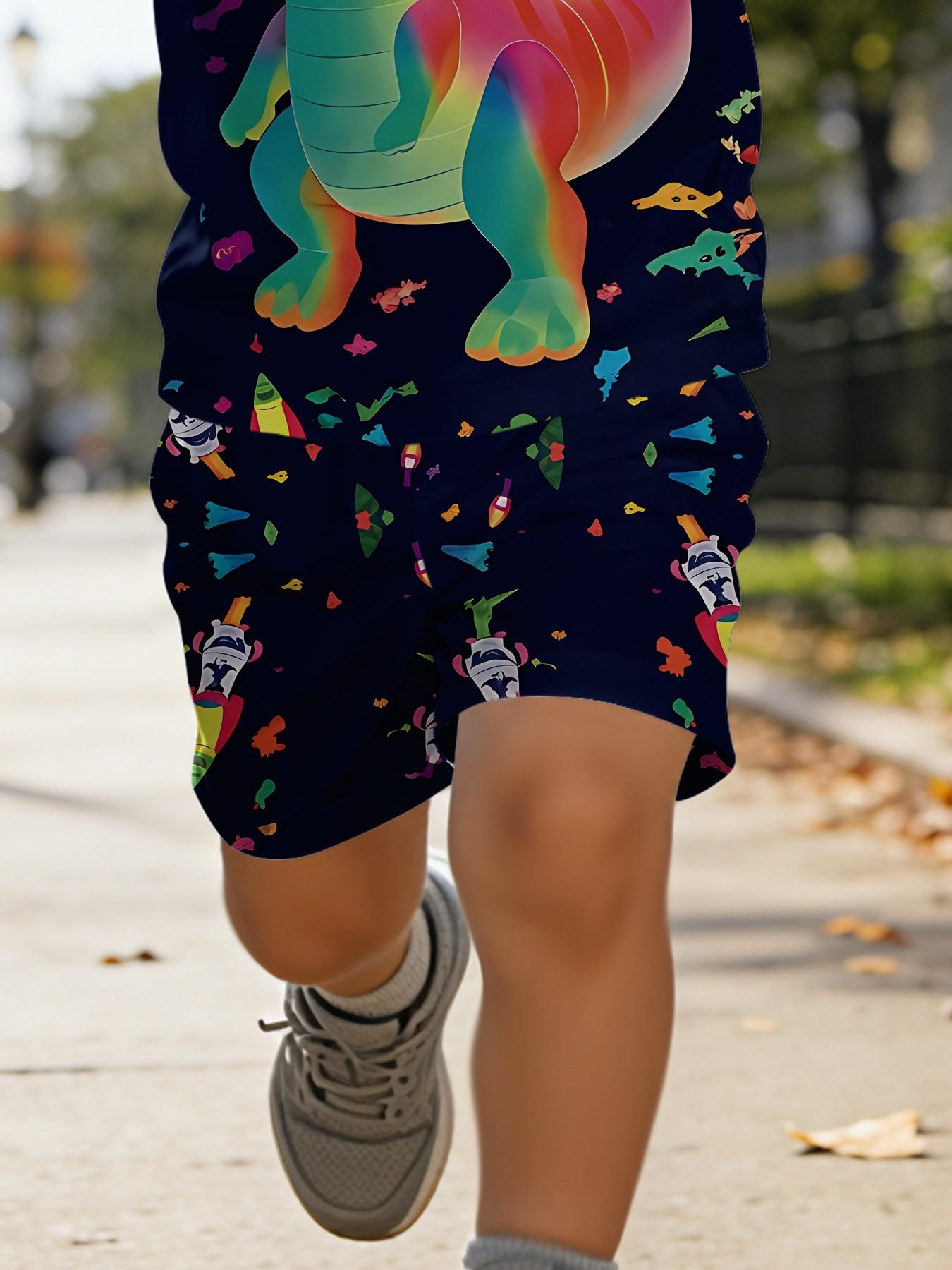 Colorful Rainbow Dinosaur Kids Short Sleeve Set, Boy's Summer Pajamas, Cartoon Print, Casual Wear, 100% Polyester, Perfect Gift for Babies