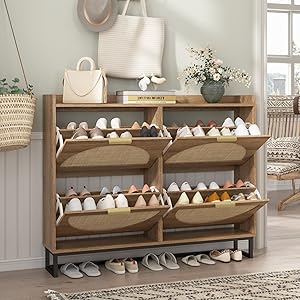 Vabches Large Rattan Shoe Storage Cabinet with 4 Flip Drawers Freestanding Organizer for Entryway Hidden Silver Handles Narrow Rack Cabinet Geometric Aesthetic Hand-Woven Rattan Craftsmanship