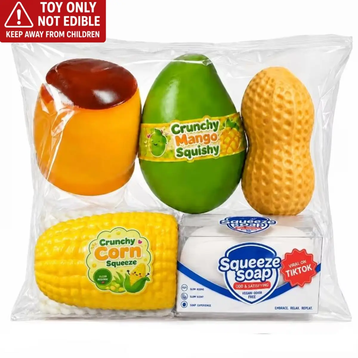 5 Pack Crunchy Squeeze Stress Ball, Crunchy Squishy Pack, Mango Pudding Peanut Corn Filled ASMR Fidget, Moldable Sensory Squeeze Gift with Premium Box, Contains small beads that massage fingers, Party Favors & Gifts Christmas Stocking Stuffers