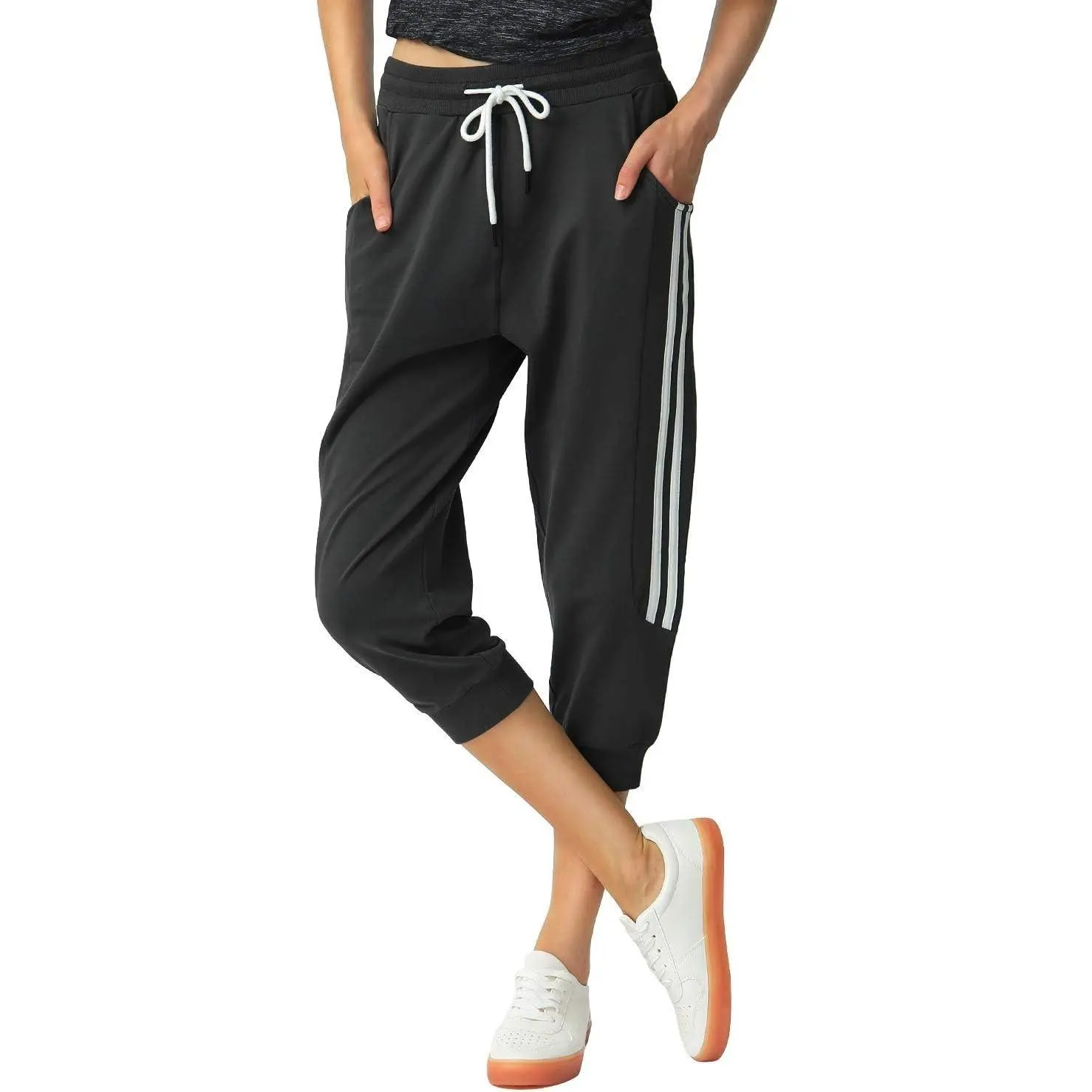 Women's 95% Cotton Capri Slim Fit Casual Pants - Elastic Drawstring Waist, Pockets, Ribbed Cuffs, Tapered Leg, Soft & Stretch, Ideal for Outdoor Activities, Casual Wear Cropped Joggers