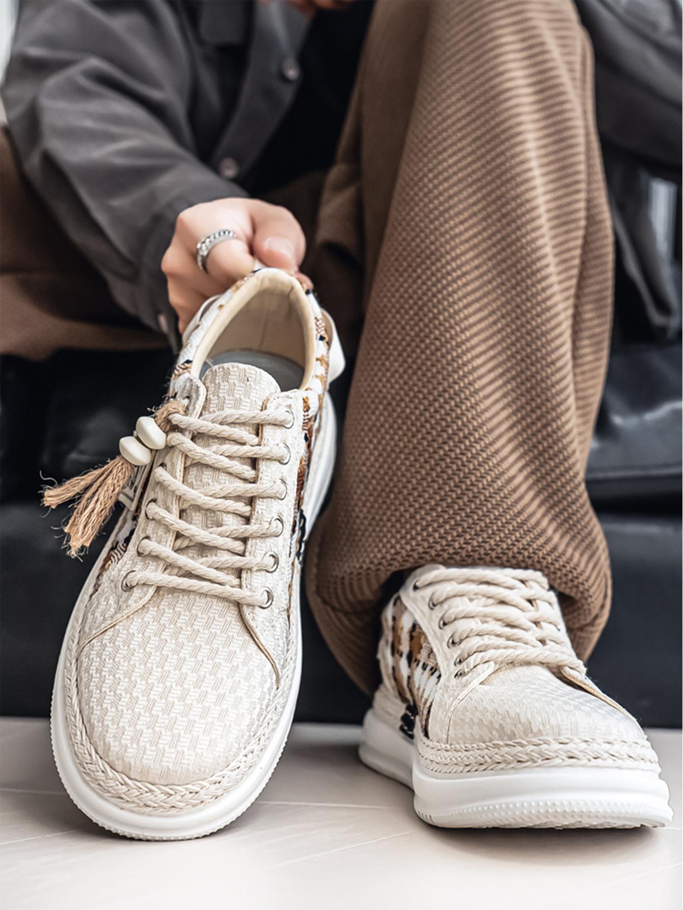 Summer New Men's Retro Plaid Laces, Braided Rope Shoelace Design, Easy-On-Off Hemp Laces, Commuter & Casual Shoes, Versatile Footwear