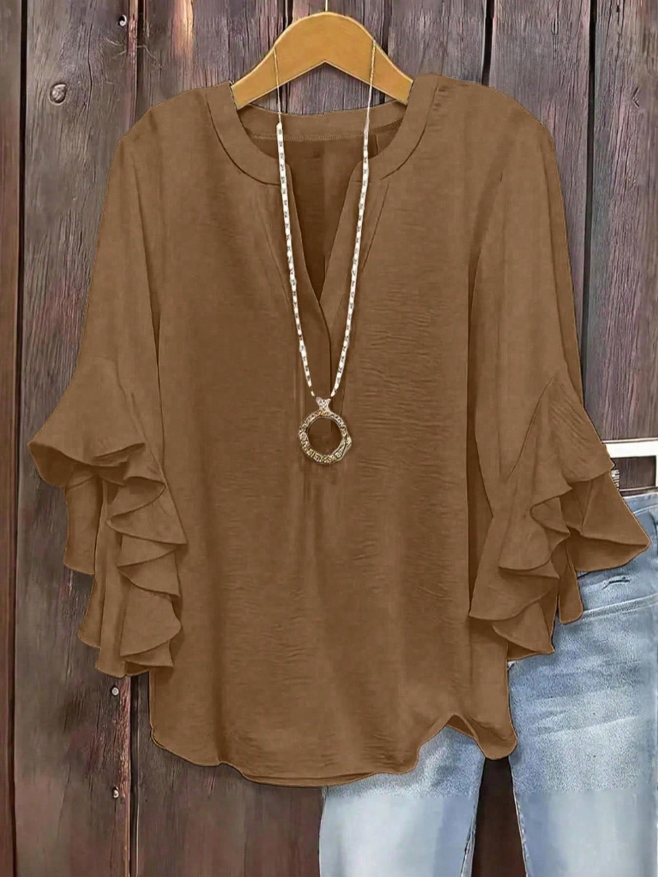 Plus Size Women's Ruffled Sleeve V-Neck Shirt Blouse, Elegant Floral Design, Comfortable and Stylish, Perfect for Casual Wear