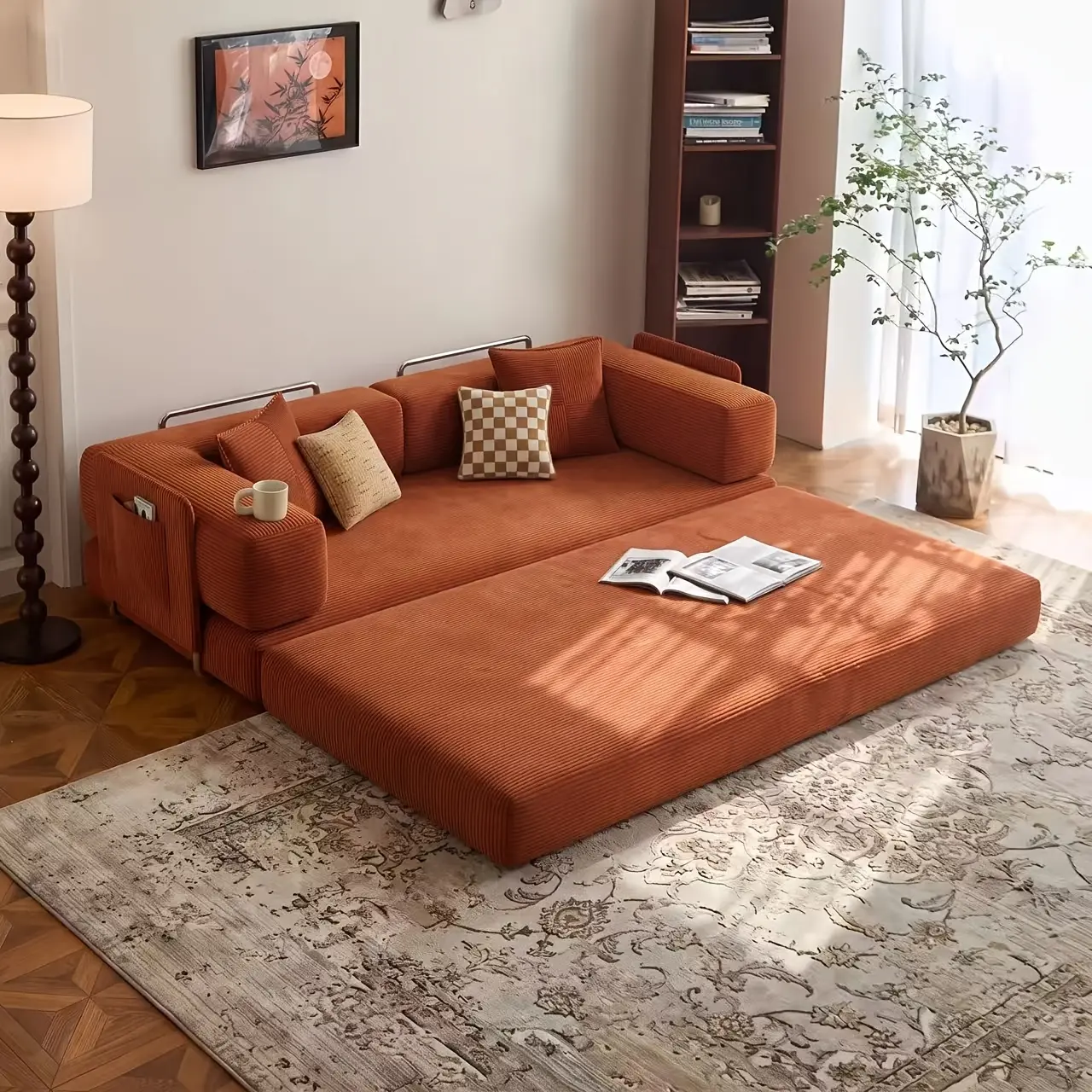 Modular Sofa Bed with Foam Mattress & Corduroy Upholstery - Convertible Floor Couch, Space-Saving Bed Sleeper, Stainless Frame, Modern Box - Suitable for Small Spaces, for Living Room - Assembly