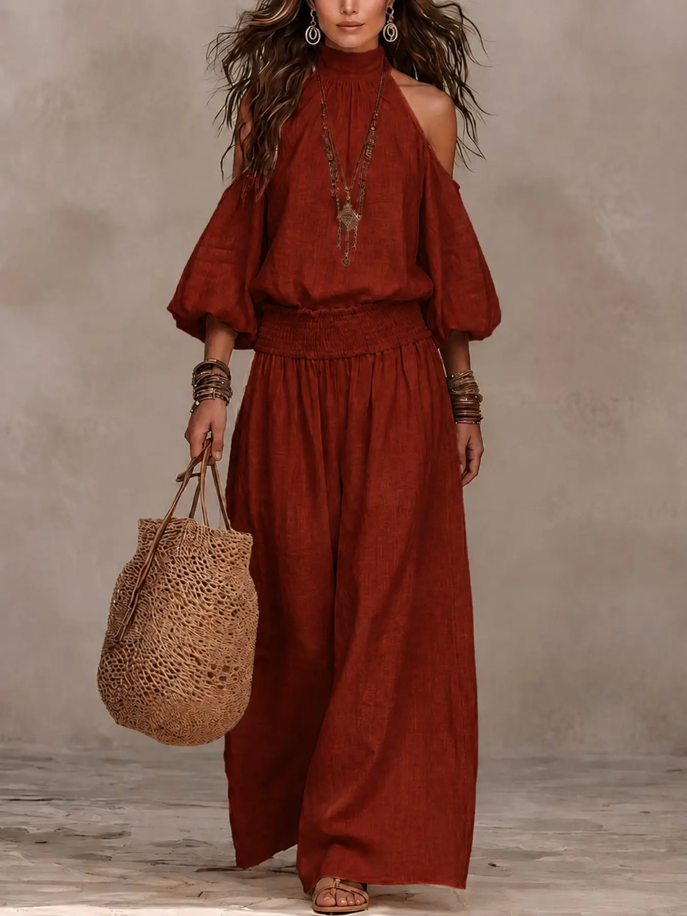 2-Piece Set European Style Loose Fit Linen Halter Neck Off-Shoulder Blouse Vacation, High-Waisted Wide-Leg Pants Bohemian Ensemble