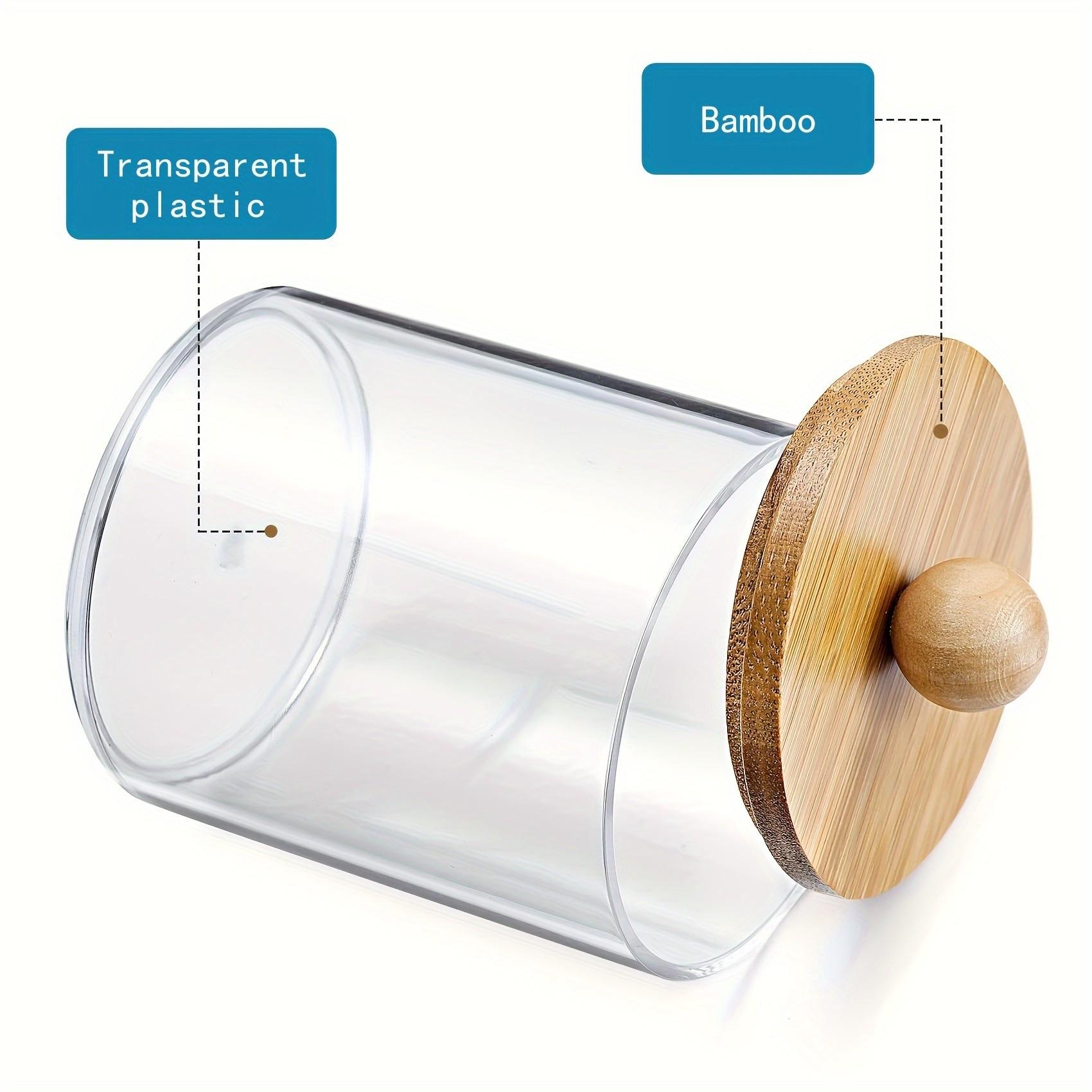 3 Piece 10 Oz Cotton Swab Organizer Set, Bamboo Lid Transparent Plastic Bottle Container, Makeup Storage Box Includes Swabs Balls Pads Floss