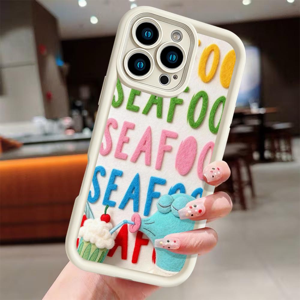 SpongeBob SquarePants Squidward SEAFOOD Funny Felt Art Phone Case For iPhone 17 16 15 14 13 12 11 Pro Max Plus X XR XS Air Cute Colorful 3D Felt Style Cartoon Character Shockproof Soft TPU Bumper Cover