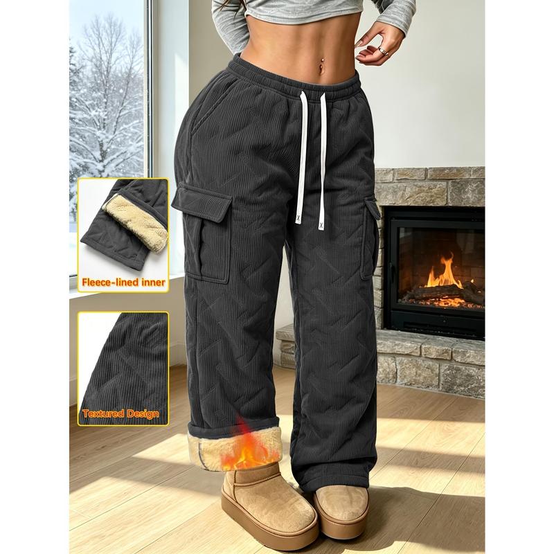 Women's Fleece Wide-Leg Cargo Bottoms - Comfy Textured Street Style, Multiple Functional Pockets, Warm for Winter Indoor Use & Snowy Outdoor Activities