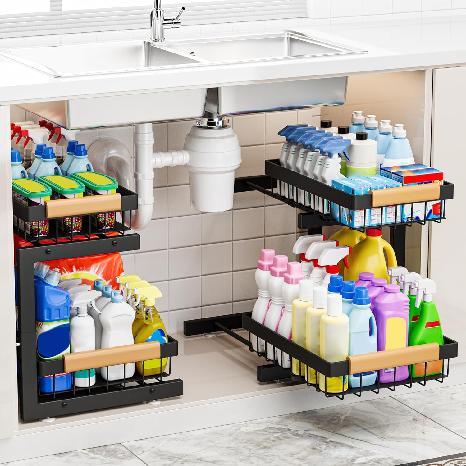 Under Sink Organizer XL Size, 2 Packs 2 Tier Expandable Height (13.5" - 17.5") Under-Sink Organizers Slide out Pull out Bathroom Kitchen Organizers And Storage
