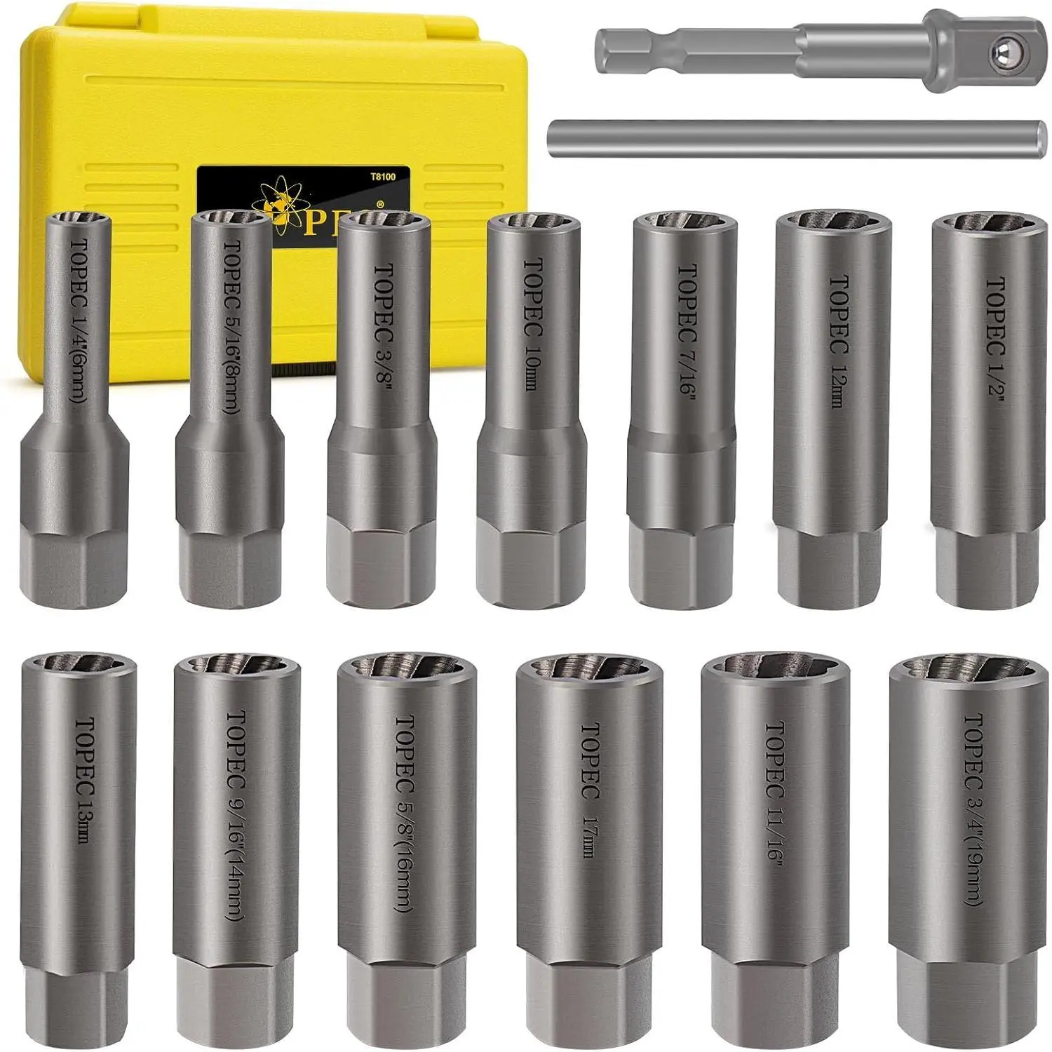 15PCS Deep Bolt Extractor Kit, 6mm-19mm Nut Extractor Socket Set, 3/8" Drive Rounded Bolt Remover, Spark Plug Extractor Tool for Broken, Stripped, Damaged, Rusted Stud and Bolt Nuts