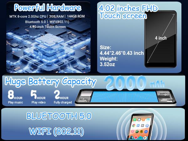 MP3 Player with Bluetooth and WiFi, 144GB Storage & Android OS, 4" Touch Screen, FM Radio, Kids MP3 & MP4 Player with Spotify, Amazon Music, and Google Play Store, DGTenk Portable Media Player