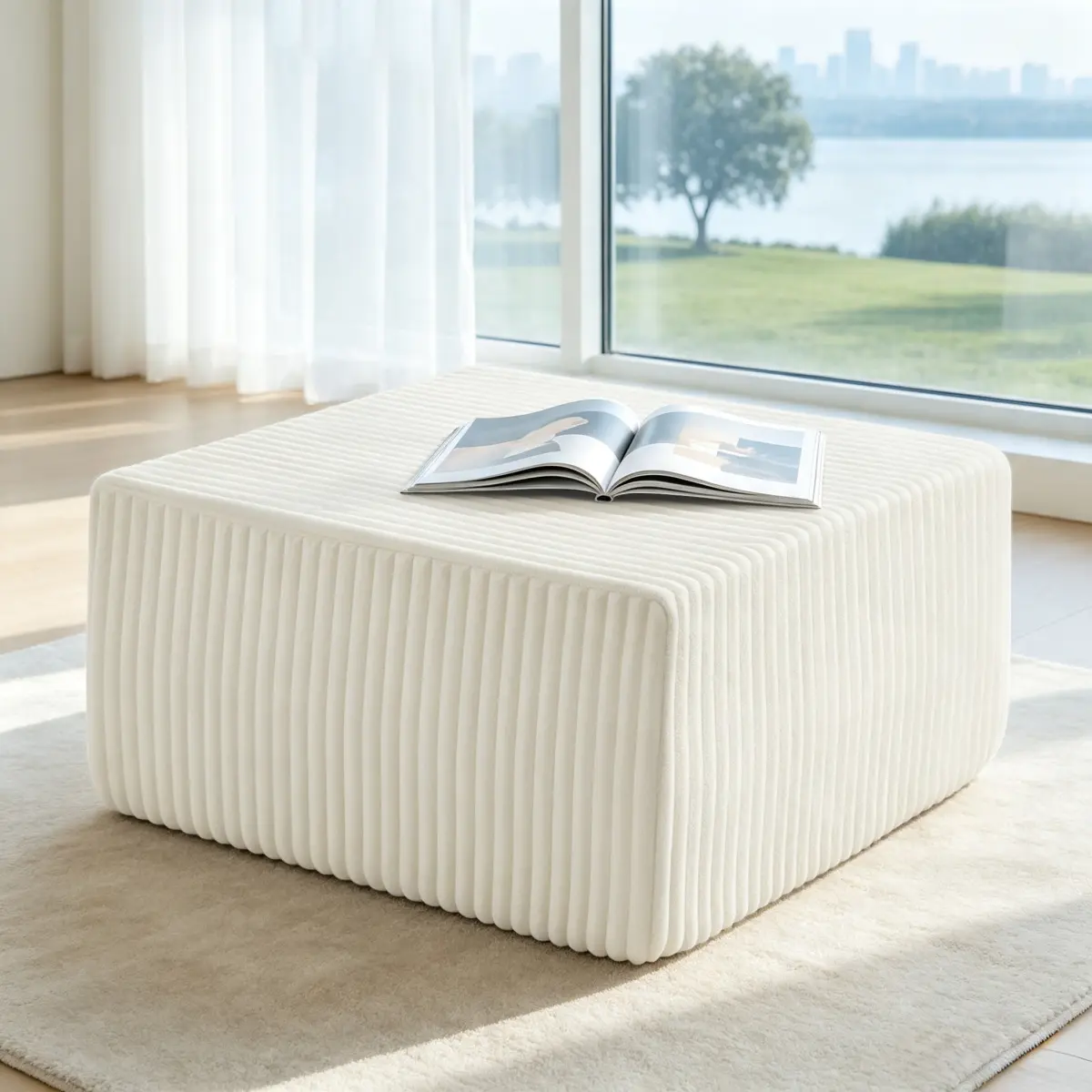 Vertical Stripes Corduroy Foam Modular Cube Ottoman Stool, Upholstered Seat Versatile Footrest for Living Room - Beige