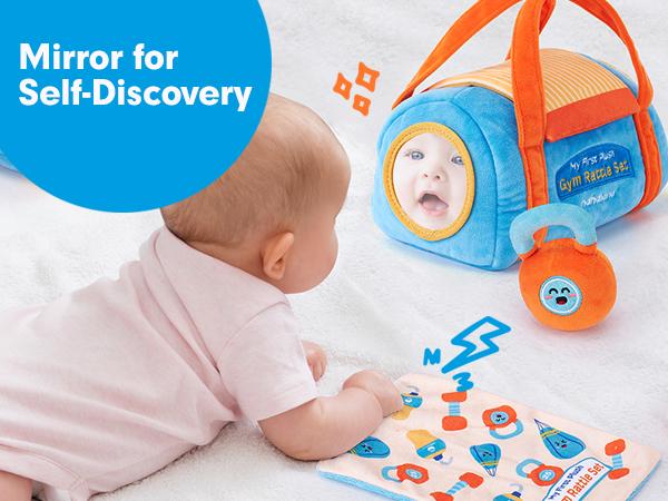 hahaland Plush Fitness Rattle Baby Toy Set: Sensory Workout Toy Collection with Dumbbell, Kettlebell, Hanging Punching Bag, Rattles, Crinkle Paper & Mirror ― Montessori Toys・Newborn Gifts for Boys & Girls Cloth Play