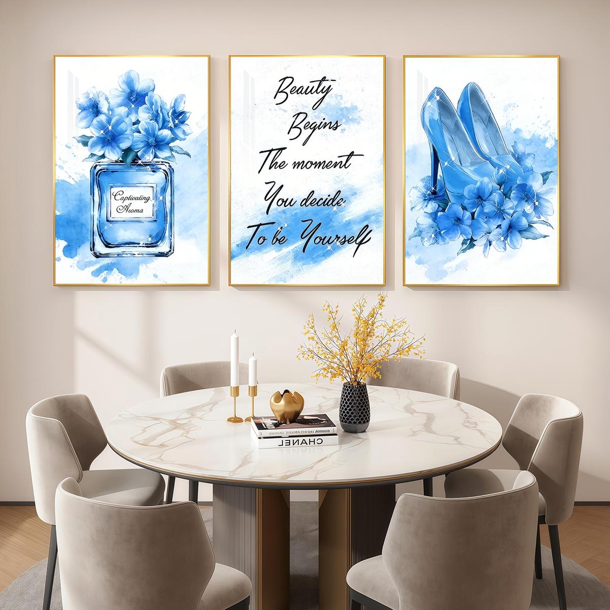 3 Counts Aluminum Alloy Framed Painting, Blue High Heels Perfume And Flowers Illustration, Home Decoration For Living Room, Bedroom, Office, Restaurant, Hallway Wall Decor, Odorless Print Artwork, Luxury Perfect Gift For Friends And Family