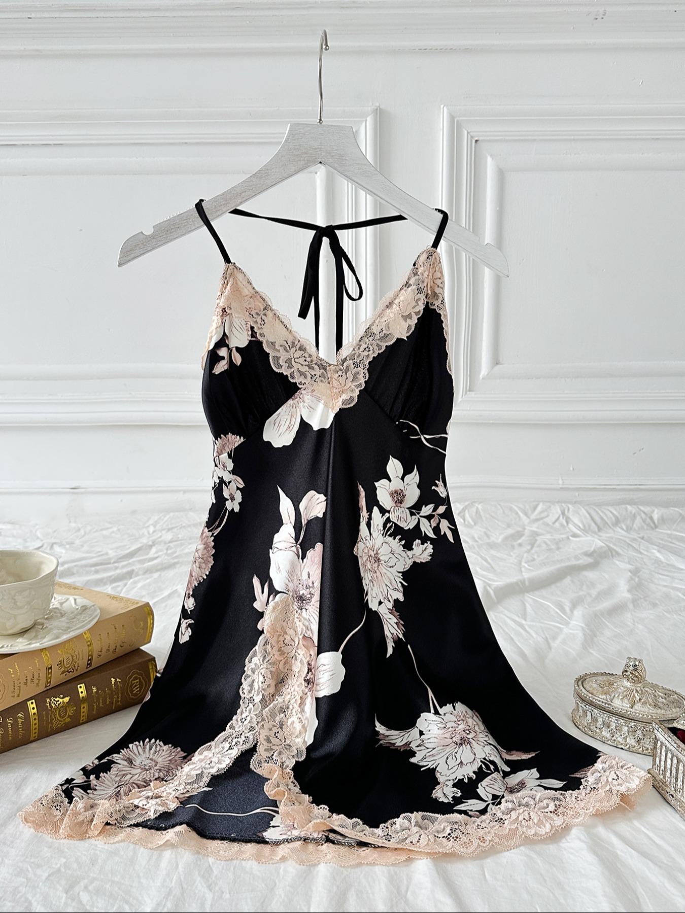 Women's Contrast Lace Split Thigh Satin Cami Nightdress, Bride's Nightgown, Elegant Criss Cross Backless Nightgown, Women's Summer Sleepwear, Summer Outfits 2024, National Day Offers