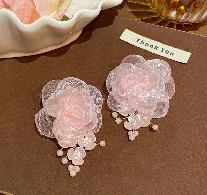 Sweet Pink Lace Flowers Drop Earrings for Women  Romantic Elegant Earrings Pendant Fashion Weddings Jewelry Accessories