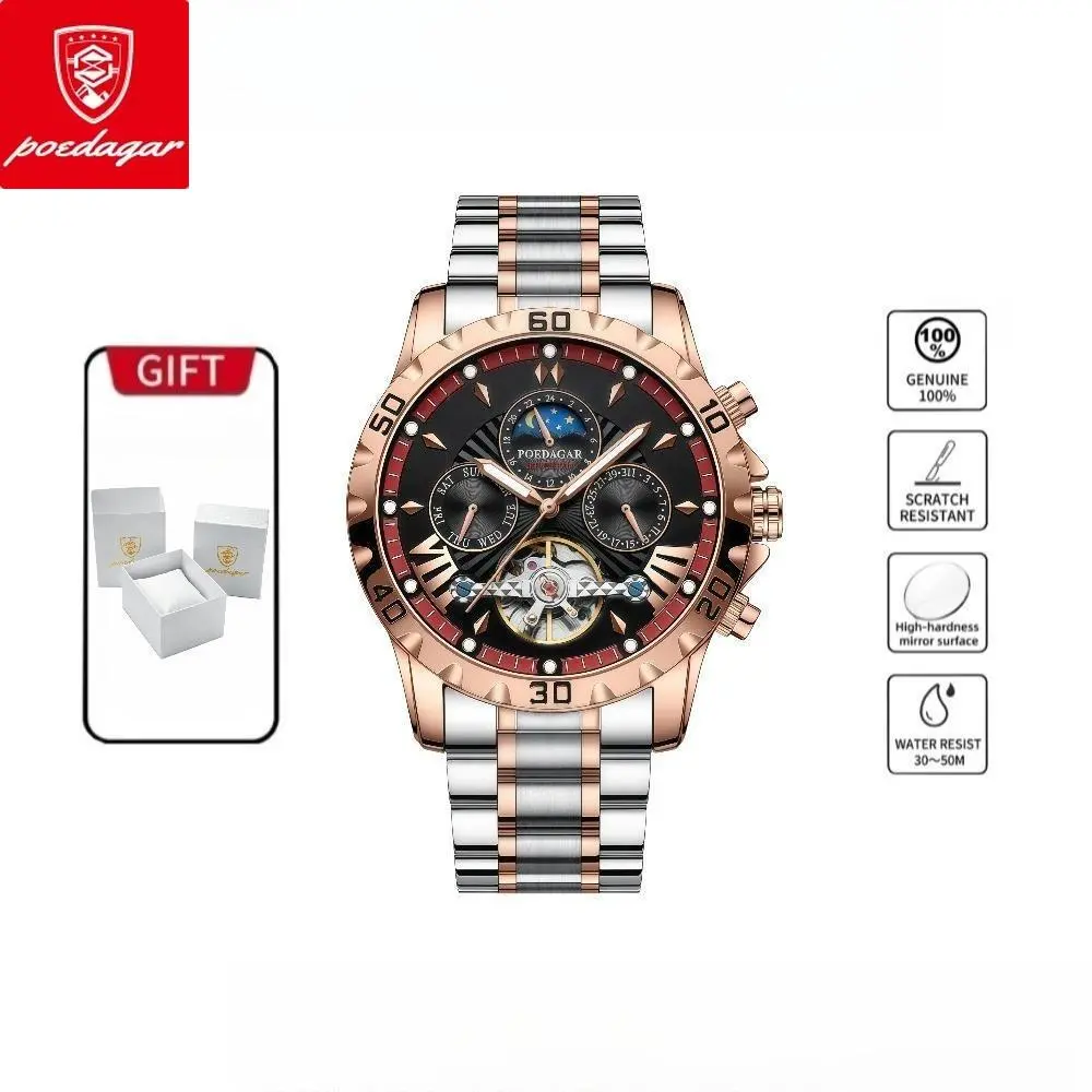 POEDAGAR Fashion Advanced Automatic Mechanical Tourbillon Men's Watch - Male Wristwatch with Night Light, Date Display, Round Dial, Stainless Steel Strap, Waterproof Design + Gift Box